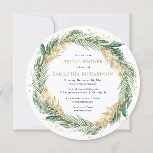 Christmas wreath greenery gold pine bridal shower invitation