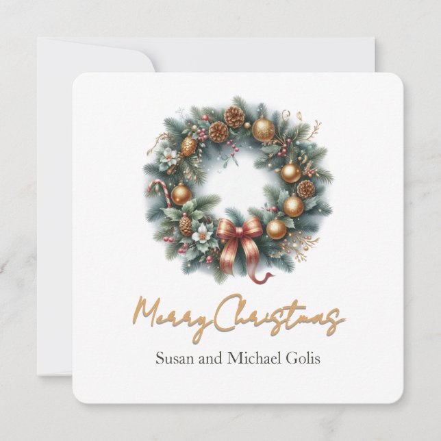 Christmas Wreath Greenery with Gold   Holiday Card (Front)
