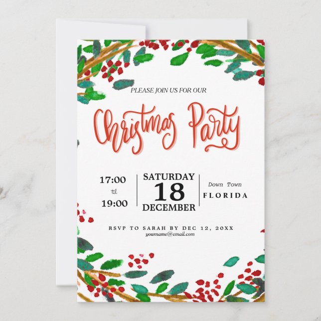 Christmas wreath hand-lettered watercolour invitation (Front)