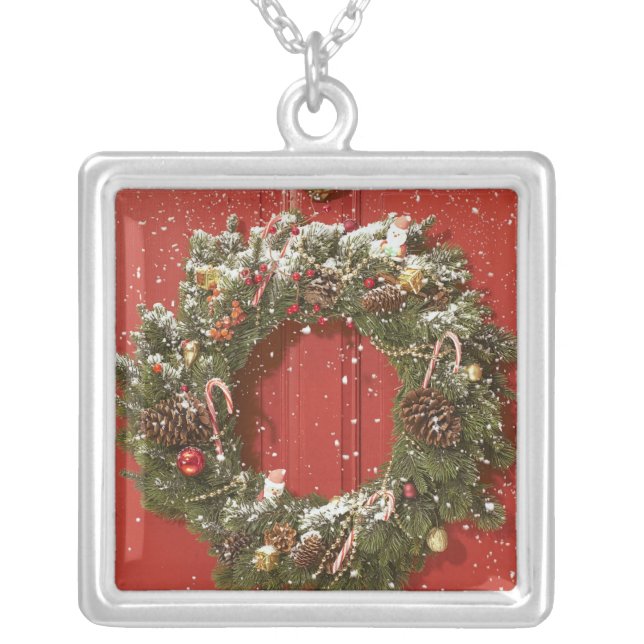 Christmas wreath hanging on a door silver plated necklace (Front)