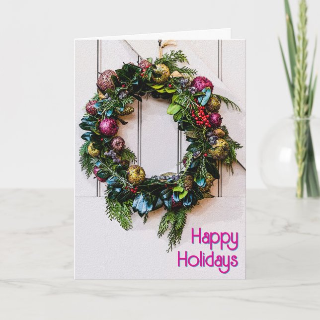 Christmas Wreath Happy Holidays Modern Colors  Holiday Card (Front)