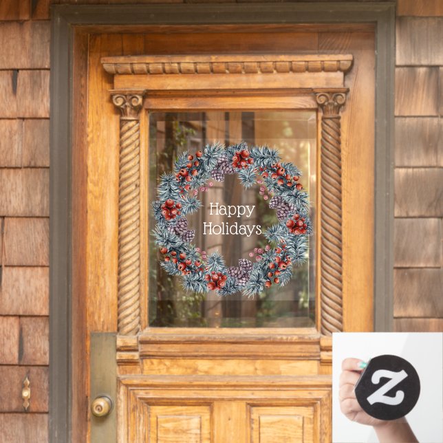 Christmas wreath Happy Holidays window art Window Cling (Home Door)
