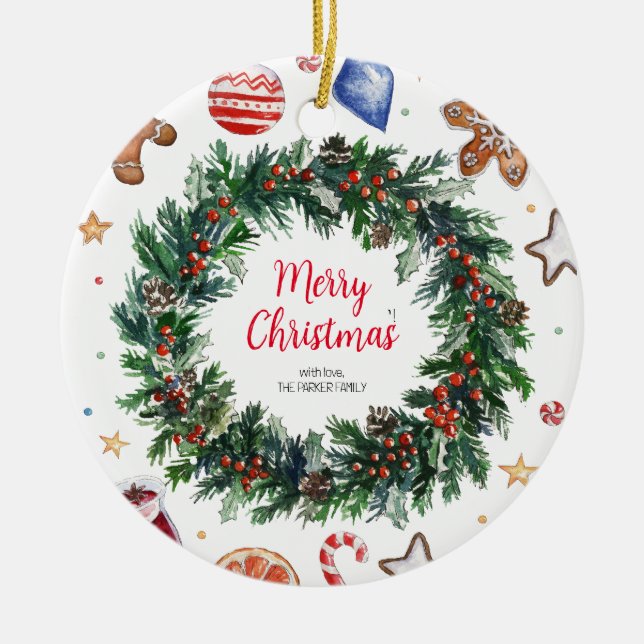 Christmas Wreath Holiday Ceramic Ornament (Front)