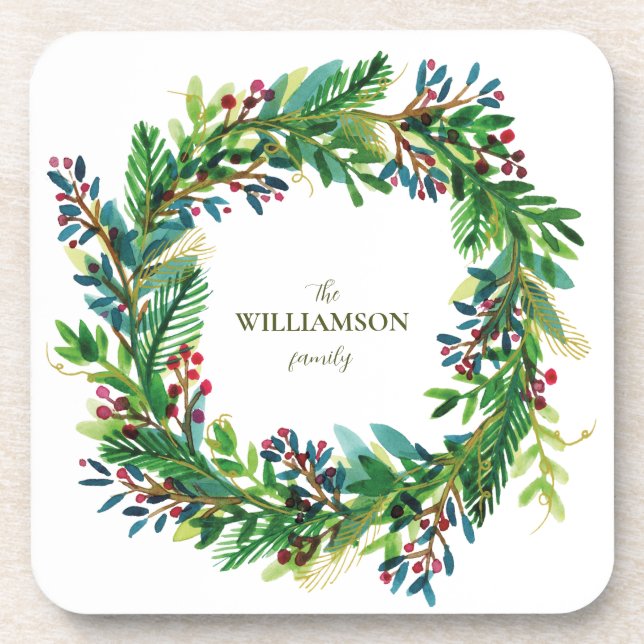 Christmas Wreath Holiday family name Holi Beverage Coaster (Front)