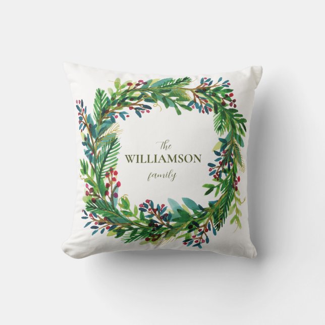 Christmas Wreath Holiday family name Holi Throw Pillow (Front)