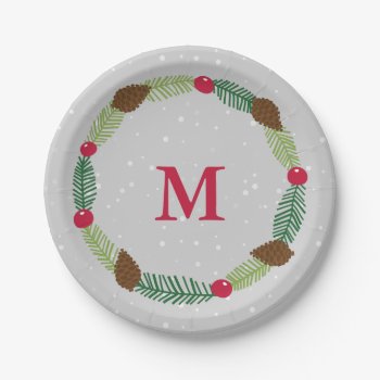 Christmas Wreath Holiday Print Paper Plates by cranberrydesign at Zazzle