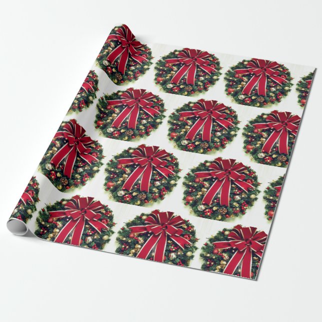 Christmas Wreath Holiday Wrapping Paper (Unrolled)