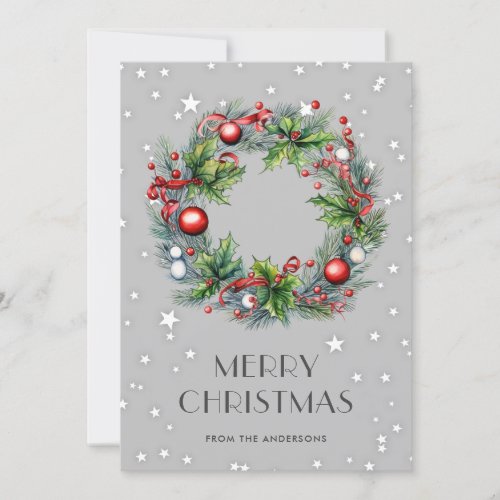 Christmas Wreath Holly Berries Ornaments Stars Holiday Card