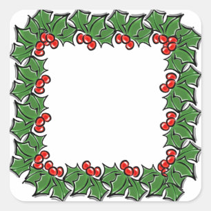 Christmas wreath holly leaves red berries green square sticker