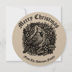 Christmas Wreath Holly Mistletoe Bird Woodblock Holiday Card
