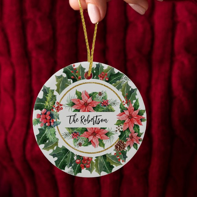 Christmas Wreath Holly Poinsettia Family Photo Ceramic Ornament (Christmas Wreath Holly Poinsettia Family Photo Ceramic Ornament)