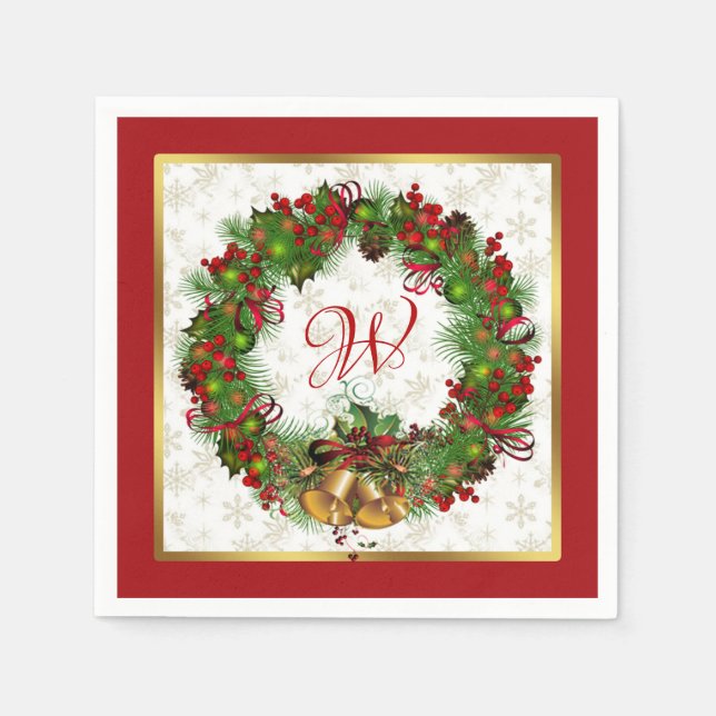 Christmas Wreath Holly Red Berry Pine Napkins (Front)