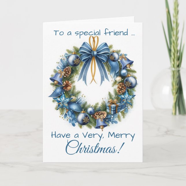 Christmas Wreath in Blue & Gold for Friend Holiday Card (Front)