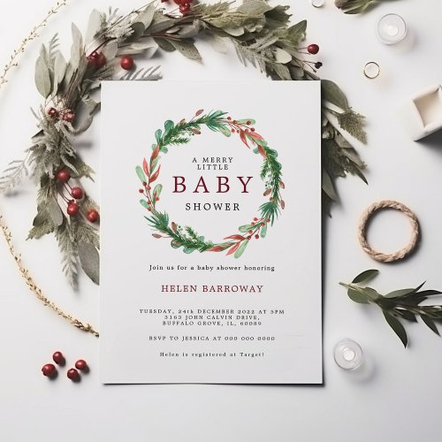 Christmas Wreath in Burgundy Baby Shower Invitation