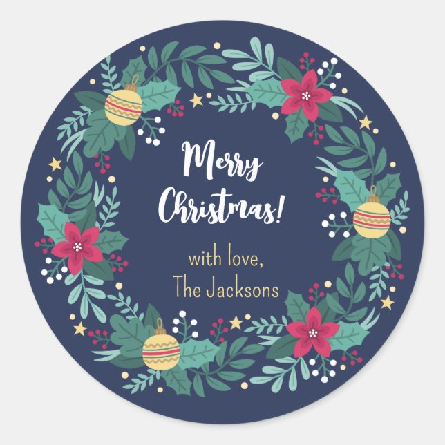 Christmas Wreath in Navy Personalized  Classic Round Sticker (Front)