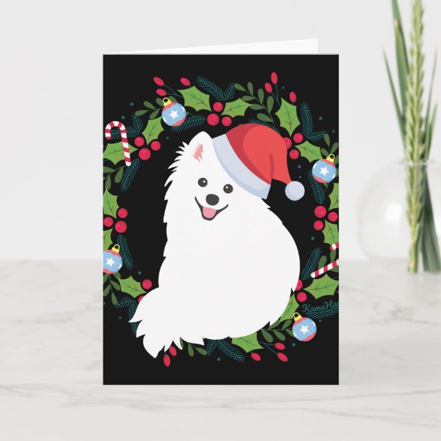Christmas Wreath Japanese Spitz Dog Card (Front)