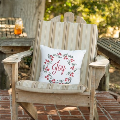 Christmas Wreath Joy Floral Red Green Outdoor Pillow