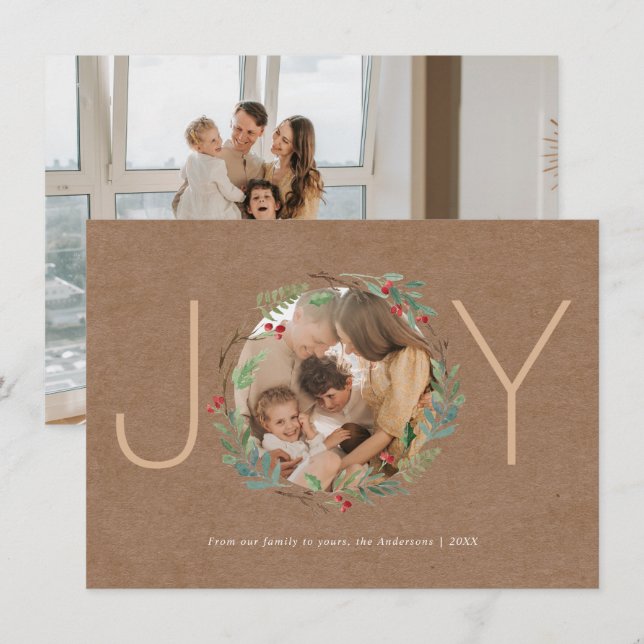 Christmas Wreath Joy Happy Holidays Photo Card (Front/Back)
