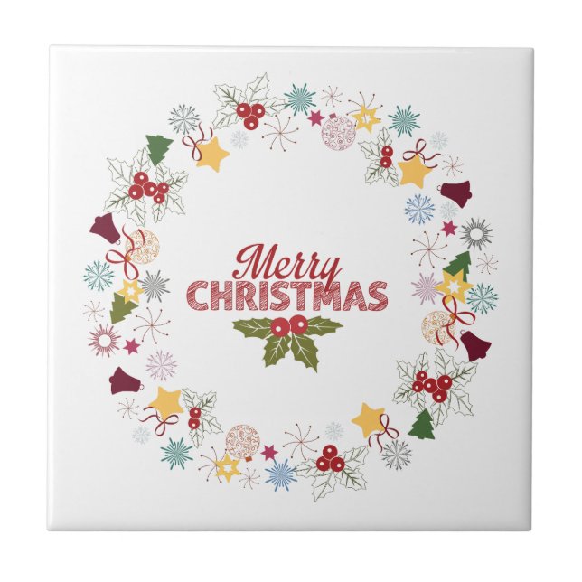 Christmas Wreath Joyful Greetings Collection Ceramic Tile (Front)