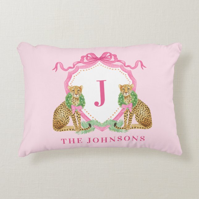 Christmas Wreath Leopard Crest Monogram  Accent Pillow (Front)