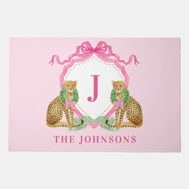 Christmas Wreath Leopard Crest Monogram  Doormat (Front)