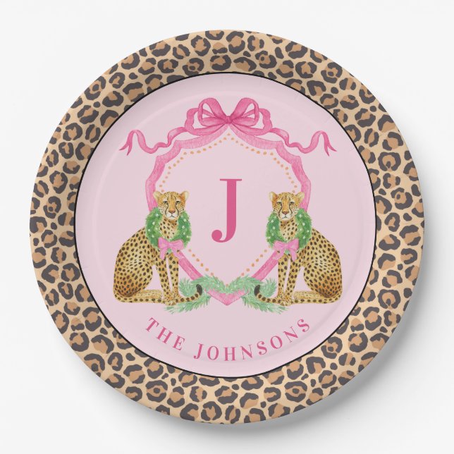 Christmas Wreath Leopard Crest Monogram  Paper Plates (Front)