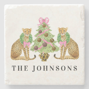 Christmas Wreath Leopard Crest Stone Coaster