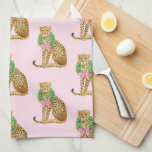 Christmas Wreath Leopard  Kitchen Towel<br><div class="desc">This Christmas table cloth has a Leopard wearing a wreath with a pink bow on a pink background.</div>