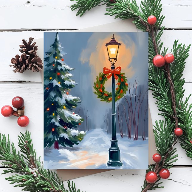 Christmas Wreath Lightpole Tree Holiday Postcard (Creator Uploaded)