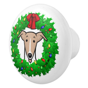 Christmas Wreath & Lights Whippet - Fawn & white Ceramic Knob