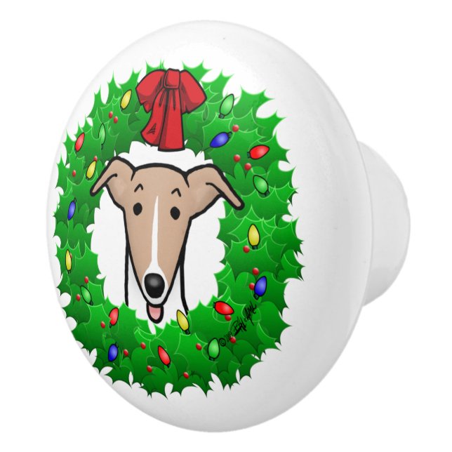 Christmas Wreath & Lights Whippet - Fawn & white Ceramic Knob (Right)