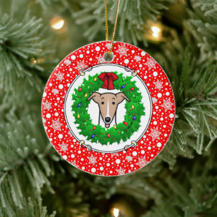 Christmas Wreath & Lights Whippet - Fawn & white Ceramic Ornament