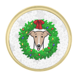 Christmas Wreath & Lights Whippet - Fawn & white Gold Finish Lapel Pin