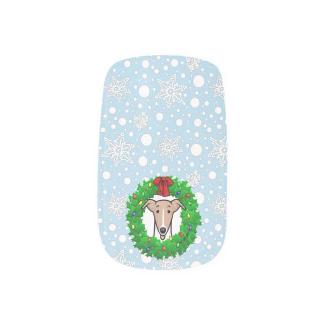 Christmas Wreath & Lights Whippet - Fawn & white Minx Nail Art (Left Thumb)