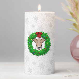 Christmas Wreath & Lights Whippet - Fawn & white Pillar Candle
