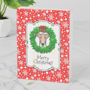 Christmas Wreath & Lights Whippet - Fawn & white Wooden Box Sign