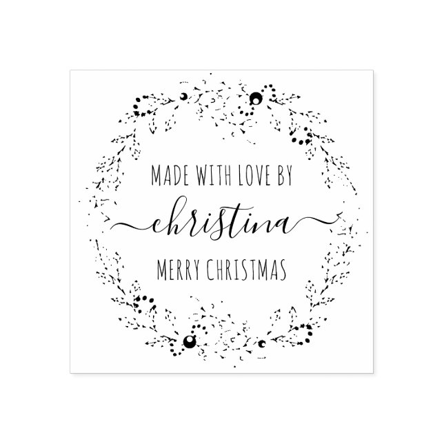 Christmas Wreath Made With Love Personalized Rubber Stamp (Imprint)
