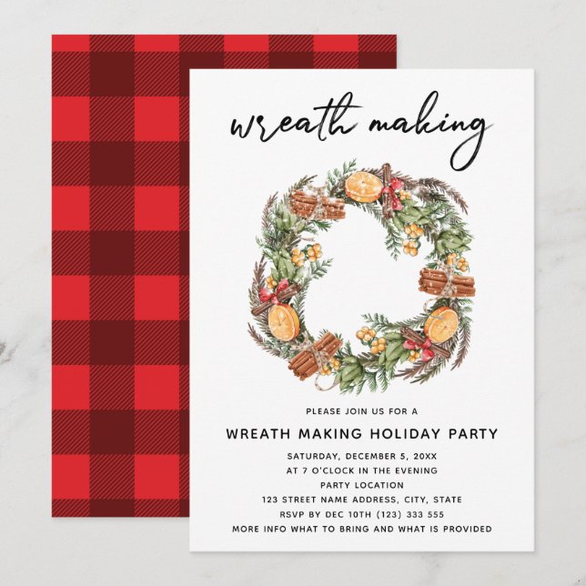 Christmas Wreath Making Party Red Plaid Invitation (Front/Back)