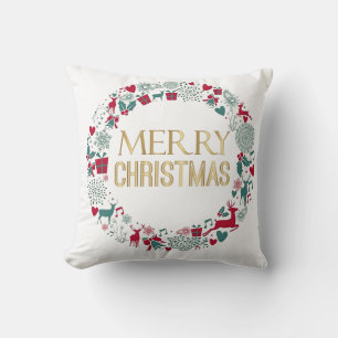 Christmas wreath Merry Christmas greeting Throw Pillow