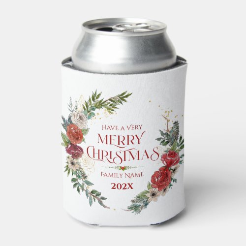 Christmas Wreath Merry Christmas Typography Can Cooler