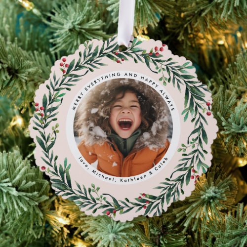 Christmas Wreath  Merry Everything Photo Ornament Card