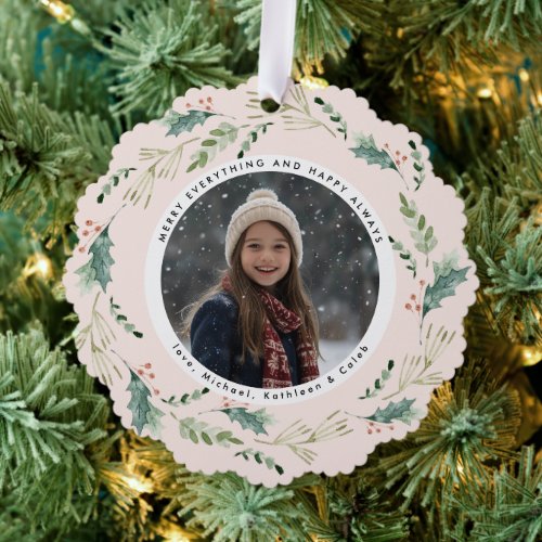 Christmas Wreath  Merry Everything Photo Ornament Card