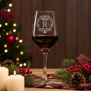 Christmas Wreath Modern Monogram Personalized Wine Glass