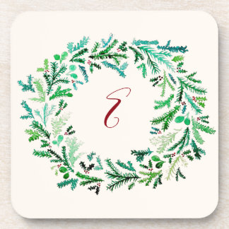 Christmas Wreath Monogram Beverage Coaster