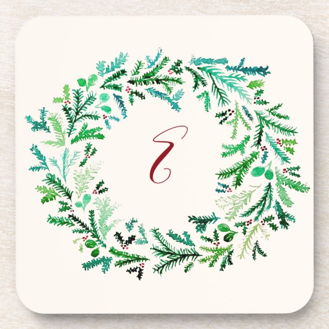Christmas Wreath Monogram Beverage Coaster (Front)