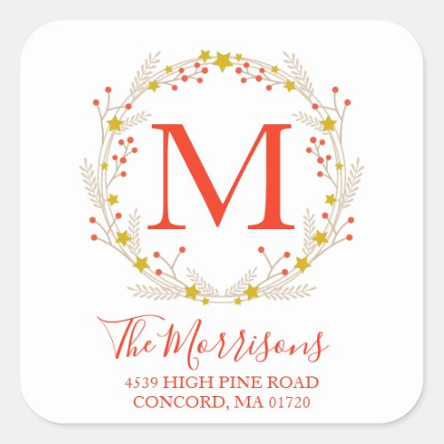 Christmas Wreath Monogram Botanical Return Address Square Sticker