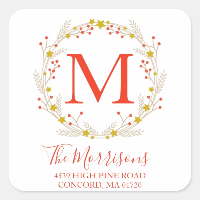 Christmas Wreath Monogram Botanical Return Address Square Sticker (Front)