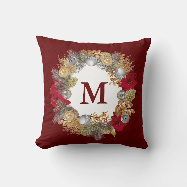 Christmas Wreath MONOGRAM Burgundy Throw Pillow (Front)