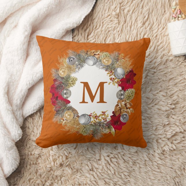 Christmas Wreath MONOGRAM Burnt Orange Throw Pillow (Blanket)