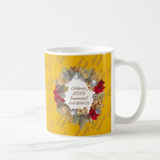 Christmas Wreath MONOGRAM Celebrate Jesus YELLOW Coffee Mug (Right)